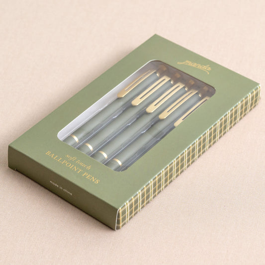 Packaging of ballpoint pens with a green box on a beige background