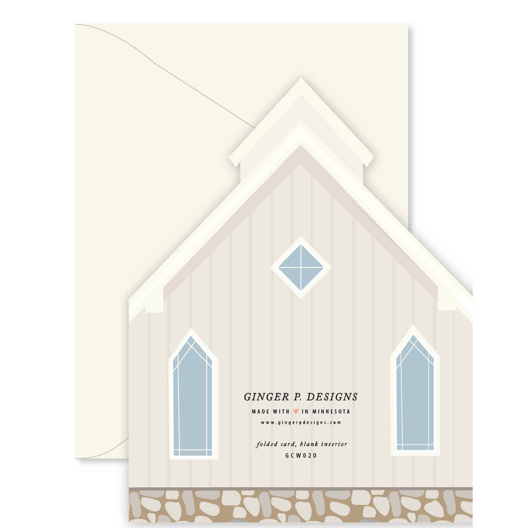 Greeting card with church design and 'Ginger P Designs' branding on a white background