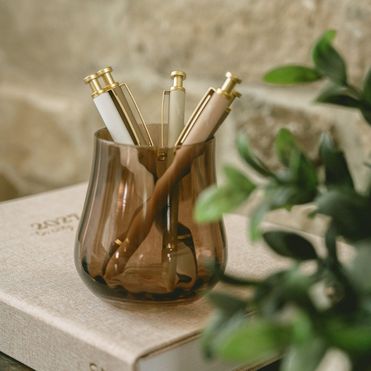 A small amber-brown translucent glass cup holding several pens, styled on top of a light-colored book with a blurred stone wall and green plant in the background.