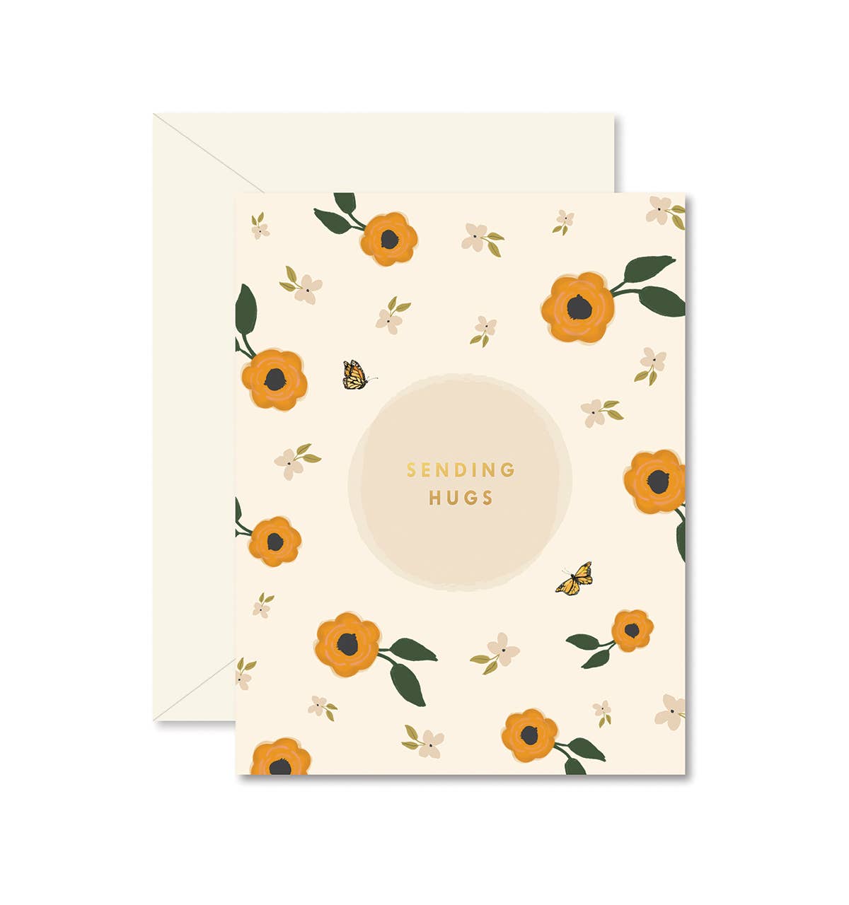 A floral greeting card with a cream envelope behind it. The card has a warm cream background decorated with orange flowers, green leaves, small white blossoms, and butterflies, with a central beige circle containing the text 'SENDING HUGS'.